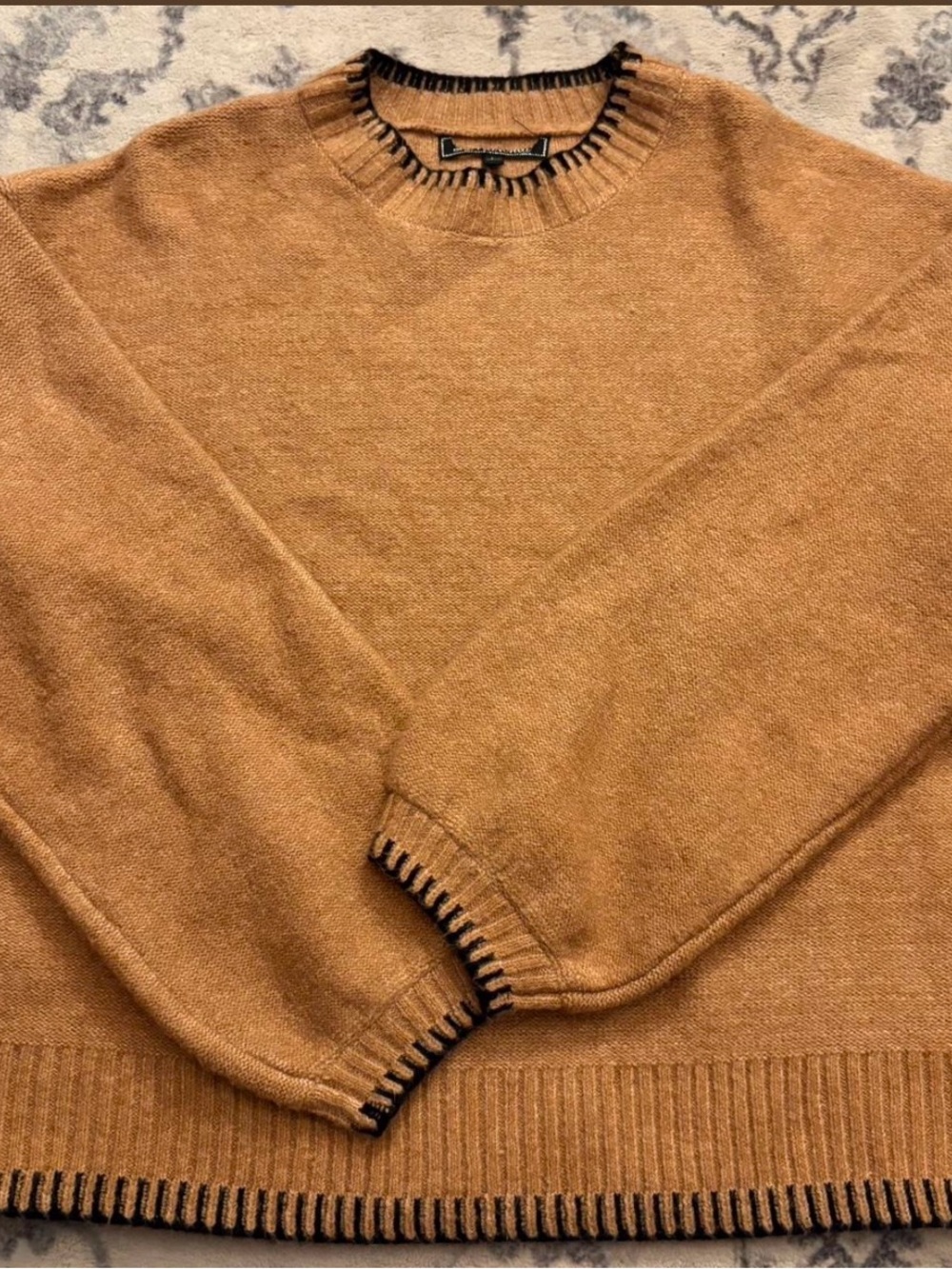 Vintage Oversized Camel Crewneck Sweater with Contrast Stitching